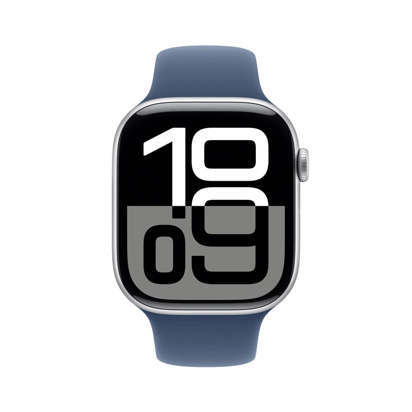 Apple Watch Series 10 GPS + Cellular, 46mm Silver Aluminium Case, Denim Sport Band - M/L - iSTYLE RO