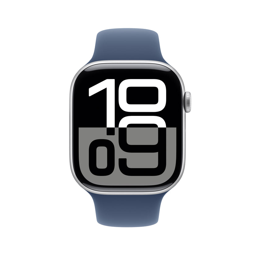 Apple Watch Series 10 GPS, 46mm Silver Aluminium Case, Denim Sport Band - S/M - iSTYLE RO