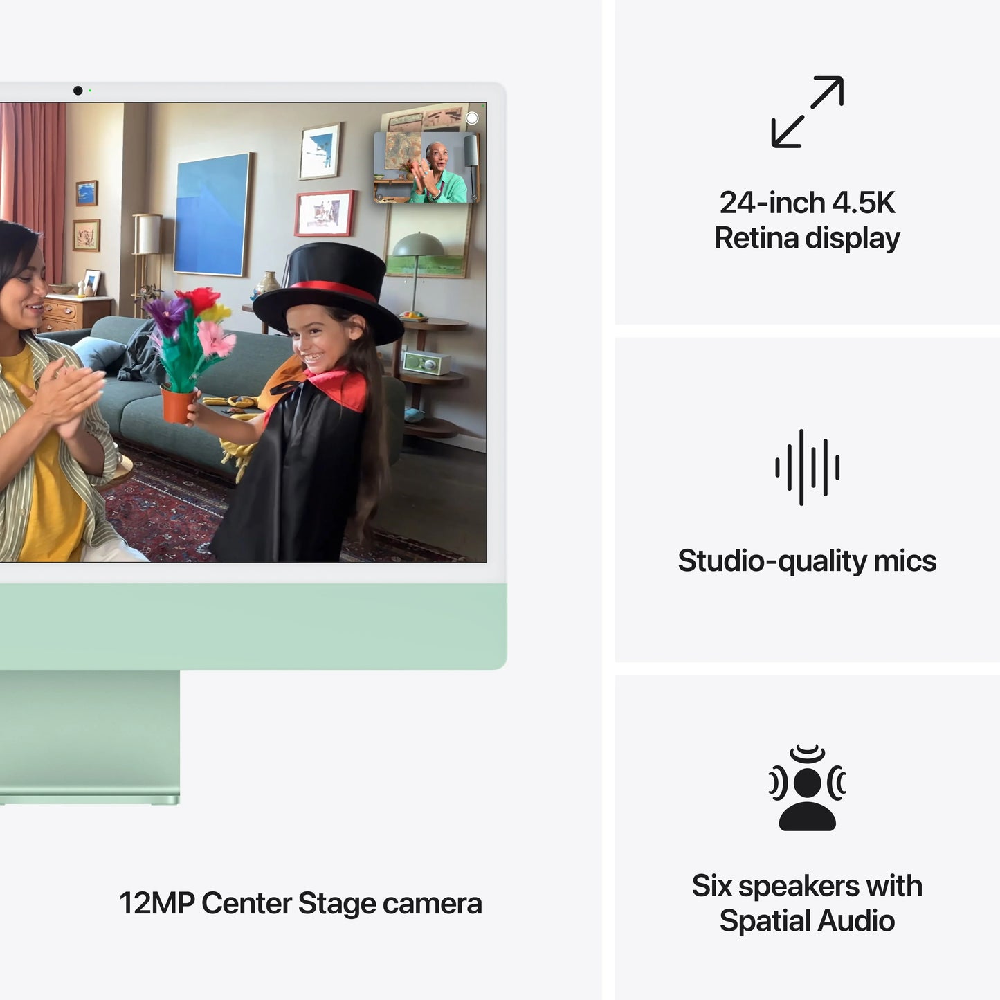 iMac 24" cu procesor Apple M4, 24", Retina 4.5K, 8 nuclee CPU si 8 nuclee GPU, 16GB, 256GB SSD, Verde - iSTYLE RO