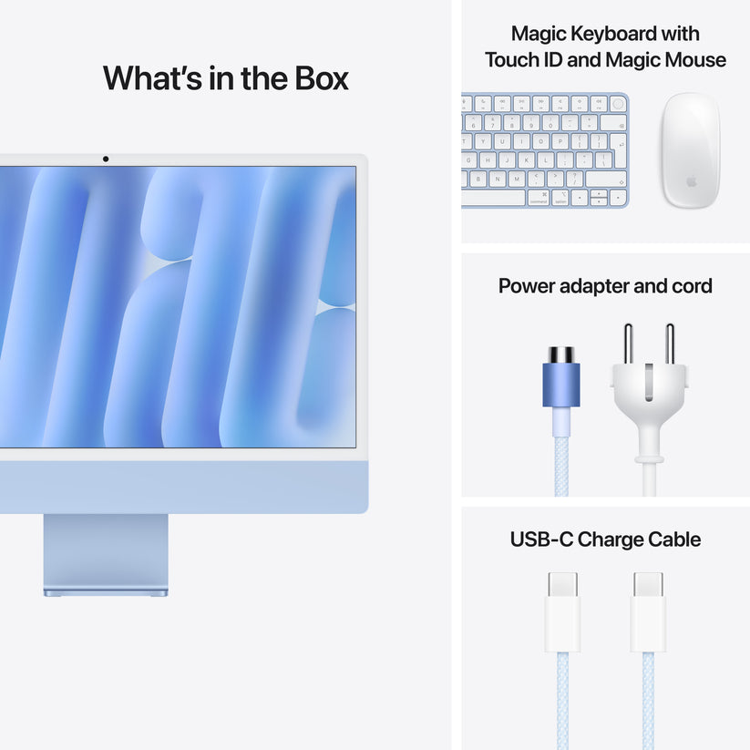 iMac 24" cu procesor Apple M4, 24", Retina 4.5K, 10 nuclee CPU si 10 nuclee GPU, 16GB, 256GB SSD, Albastru - iSTYLE RO