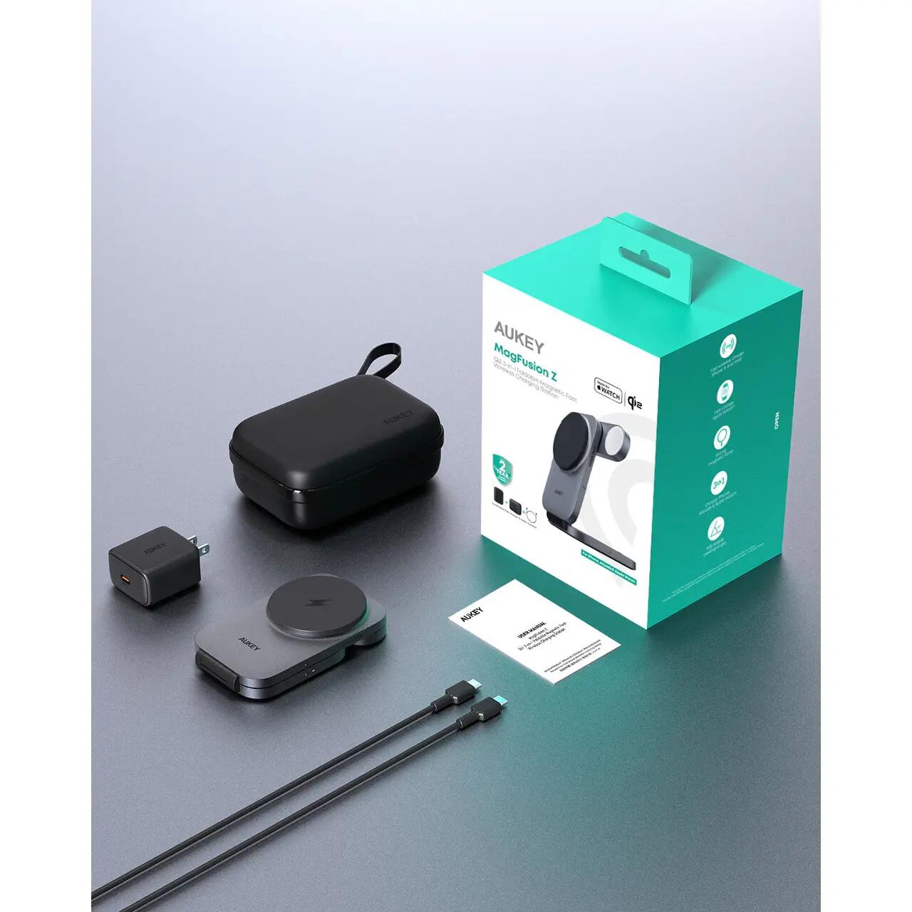 Statie de incarcare AUKEY MagFusion Z Qi2 3-in-1 Foldable Magnetic Fast Wireless Charging Station