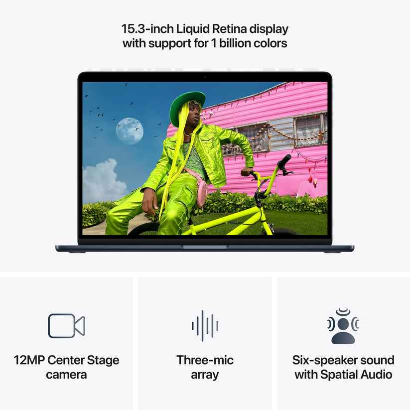Produs configurabil: MacBook Air 15", procesor Apple M5, 10 nuclee CPU si 10 nuclee GPU, 24GB, 512GB SSD, Midnight, INT KB