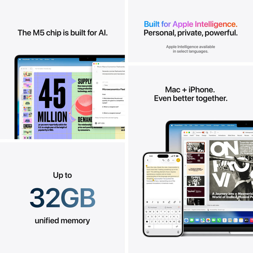Produs configurabil: MacBook Air 15", procesor Apple M5, 10 nuclee CPU si 10 nuclee GPU, 24GB, 512GB SSD, Midnight, INT KB