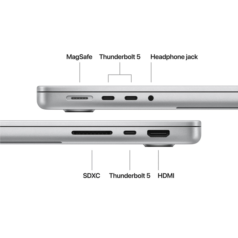 Produs configurabil: MacBook Pro 14", procesor Apple M5 Pro, 18 nuclee CPU si 20 nuclee GPU, 24GB, 1TB SSD, Silver, Standard, US KB
