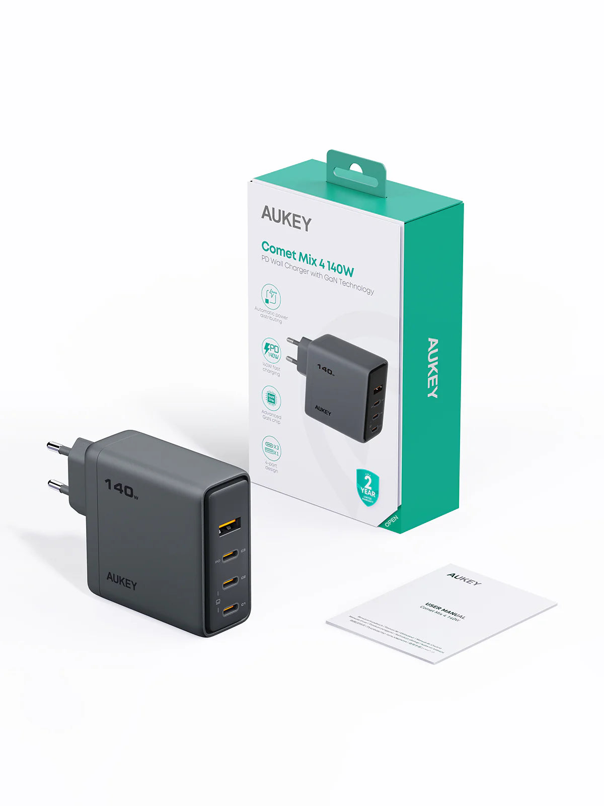 Adaptor priza AUKEY, 140W, GaN, 4 porturi, Gri