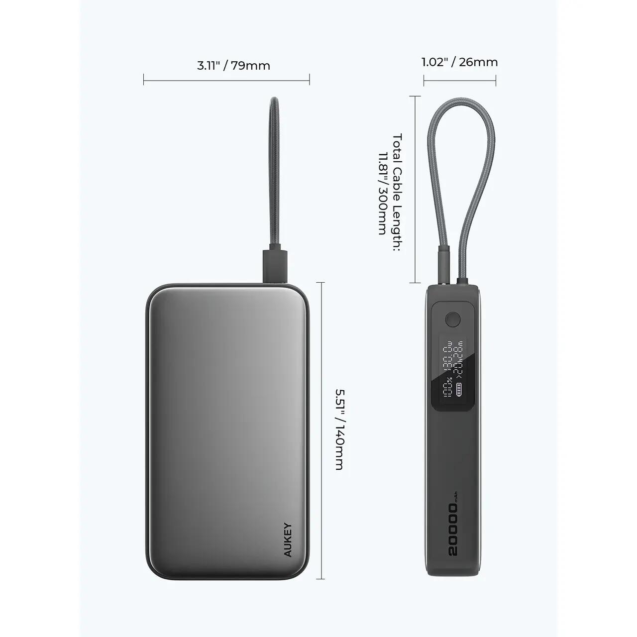 Baterie externa AUKEY, 20000 mAh, Fast Charging, Cablu incorporat, Gri