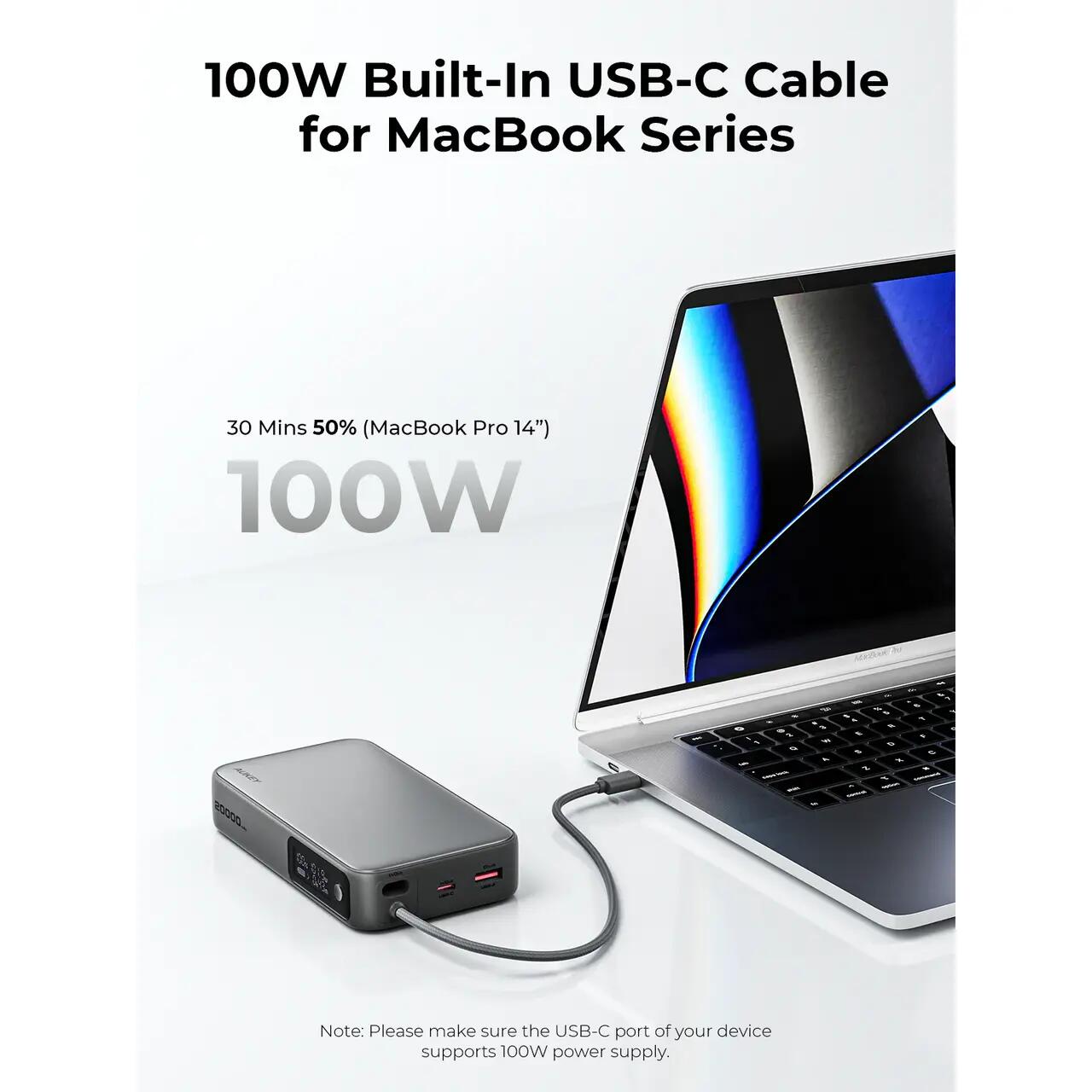 Baterie externa AUKEY, 20000 mAh, Fast Charging, Cablu incorporat, Gri