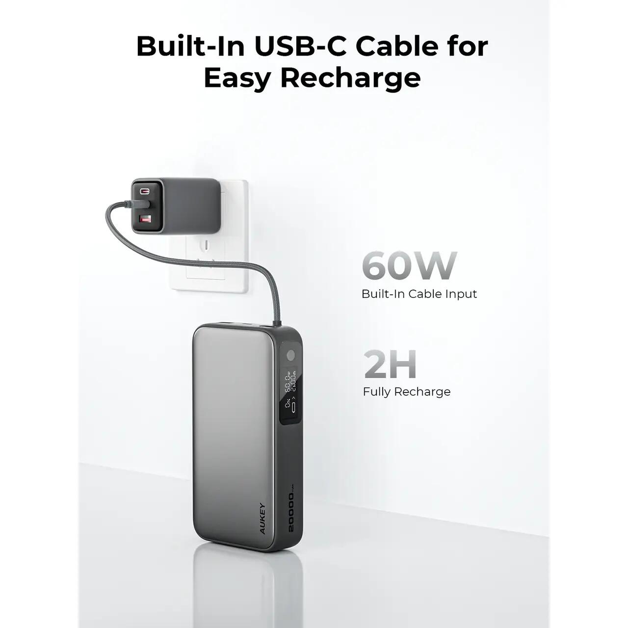 Baterie externa AUKEY, 20000 mAh, Fast Charging, Cablu incorporat, Gri