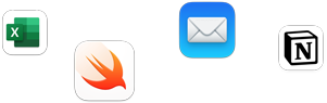 Diverse pictograme de aplicații într-o dispunere împrăștiată, inclusiv Microsoft Excel, Swift Playgrounds, Mail și Canvas Student