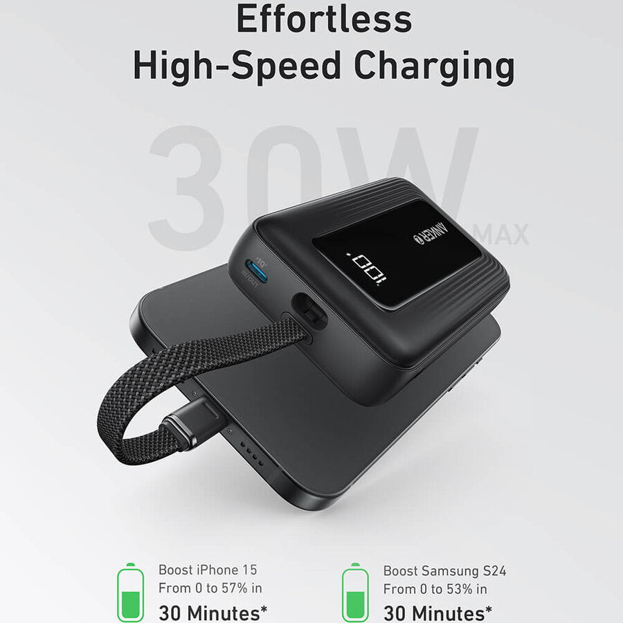 Baterie externa Anker 20.000 mAh 30W, cablu USB-C, Negru