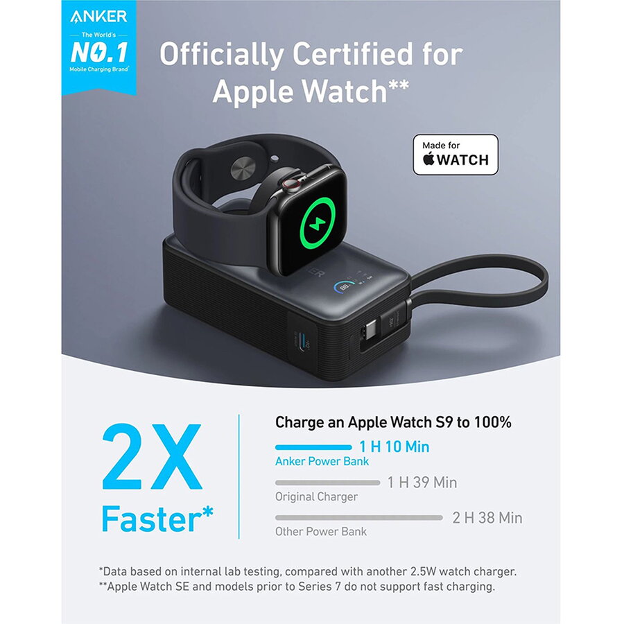 Baterie externa Anker MagGo Apple Watch, 10000 mAh, Ultra-Slim, Qi2 35W, cablu USB-C incorporat negru