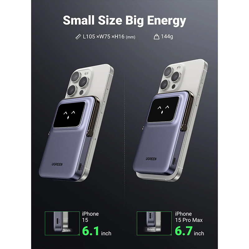 Baterie externa UGREEN UNO Magnetic, 5000mAh, 20W, PD+FQI, USB-C, Gri