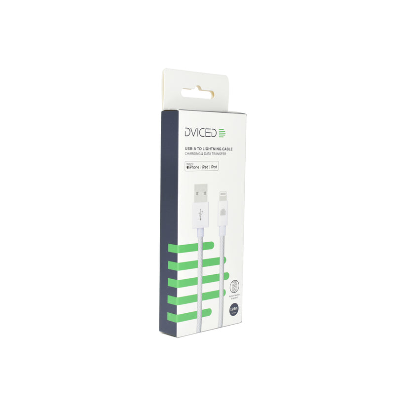 Cablu de date Dviced USB-A la Lightning Nylon Textile 1.25m, Alb - iSTYLE RO