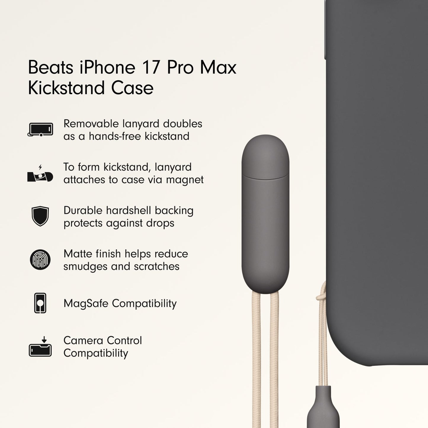 Husa de protectie Apple Beats pentru iPhone 17 Pro Max cu suport, MagSafe și control al camerei, Granite Gray