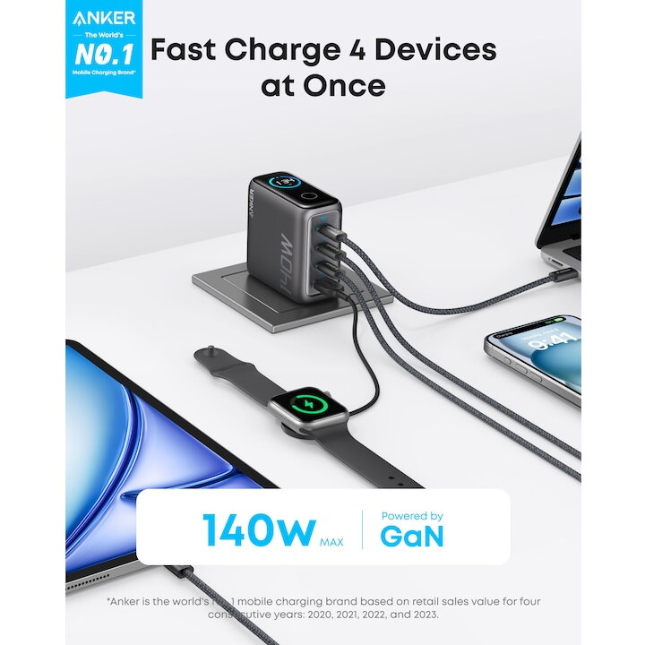 Adaptor priza Anker 140W Digital Display 3x USB-C 1x USB-A PD 3.1, cablu USB-C inclus, Negru