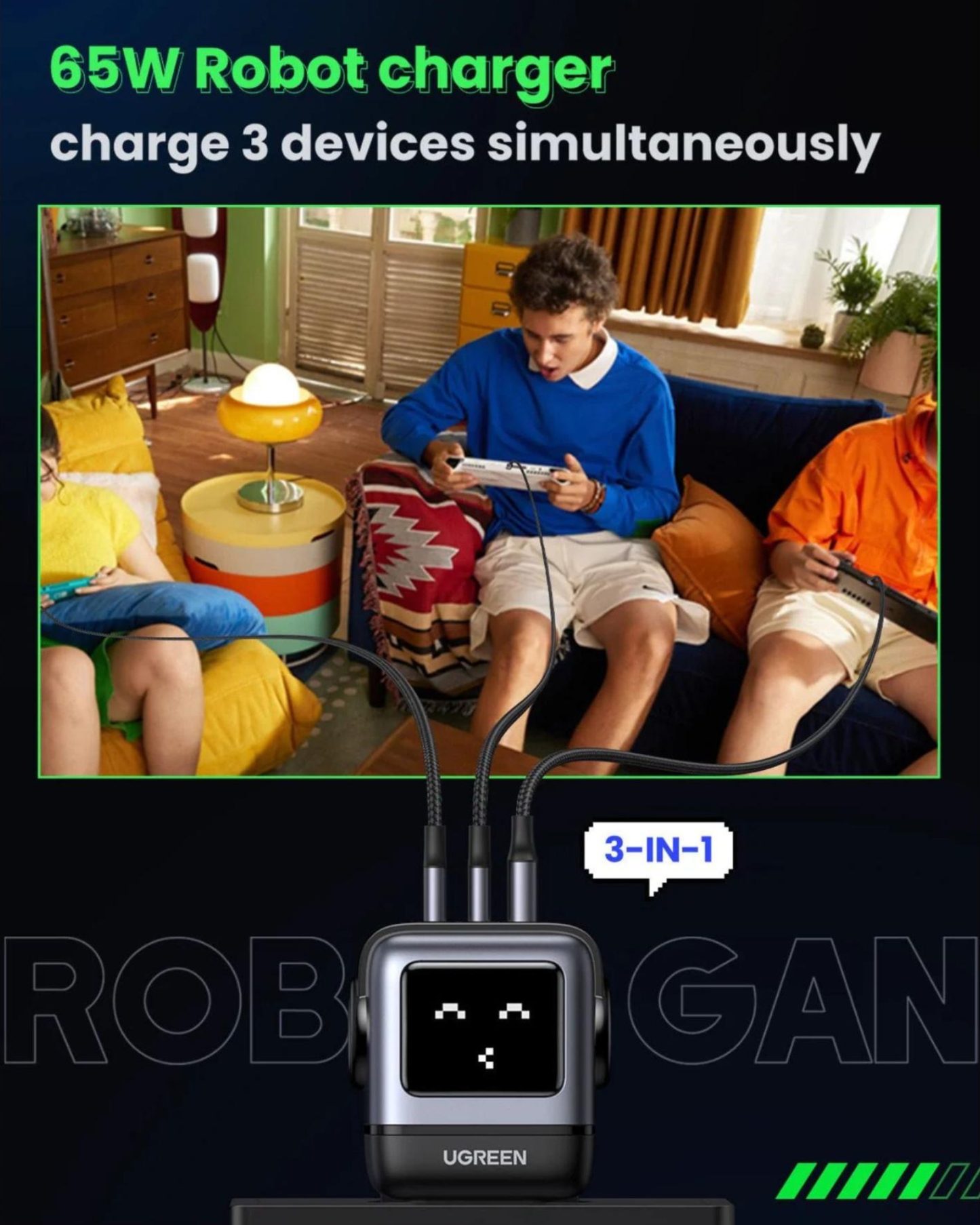 Adaptor priza UGREEN UNO, 65W, 3-Port GaN, Fast Charger, Negru