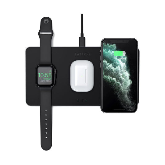 Incarcator Satechi Trio Wireless Charging Pad pentru Apple Watch, Airpods, iPhone, Negru - iSTYLE RO