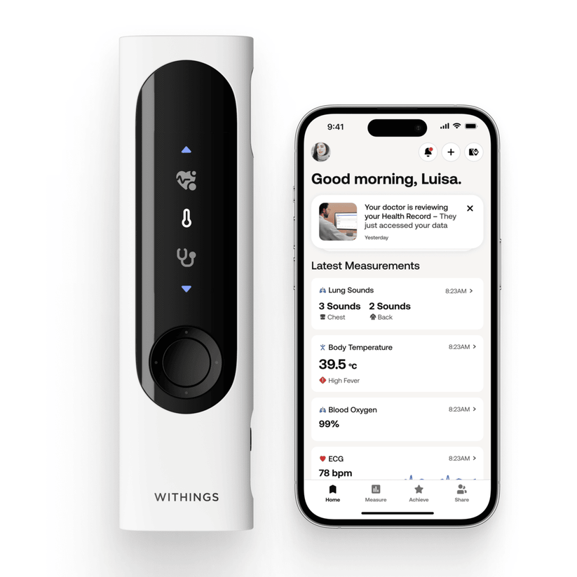 Withings Beam-O - Dispozitiv MultiScan 4 in 1 de evaluare a sanatatii (termometru, EKG, SPO2, stetoscop digital) - iSTYLE RO