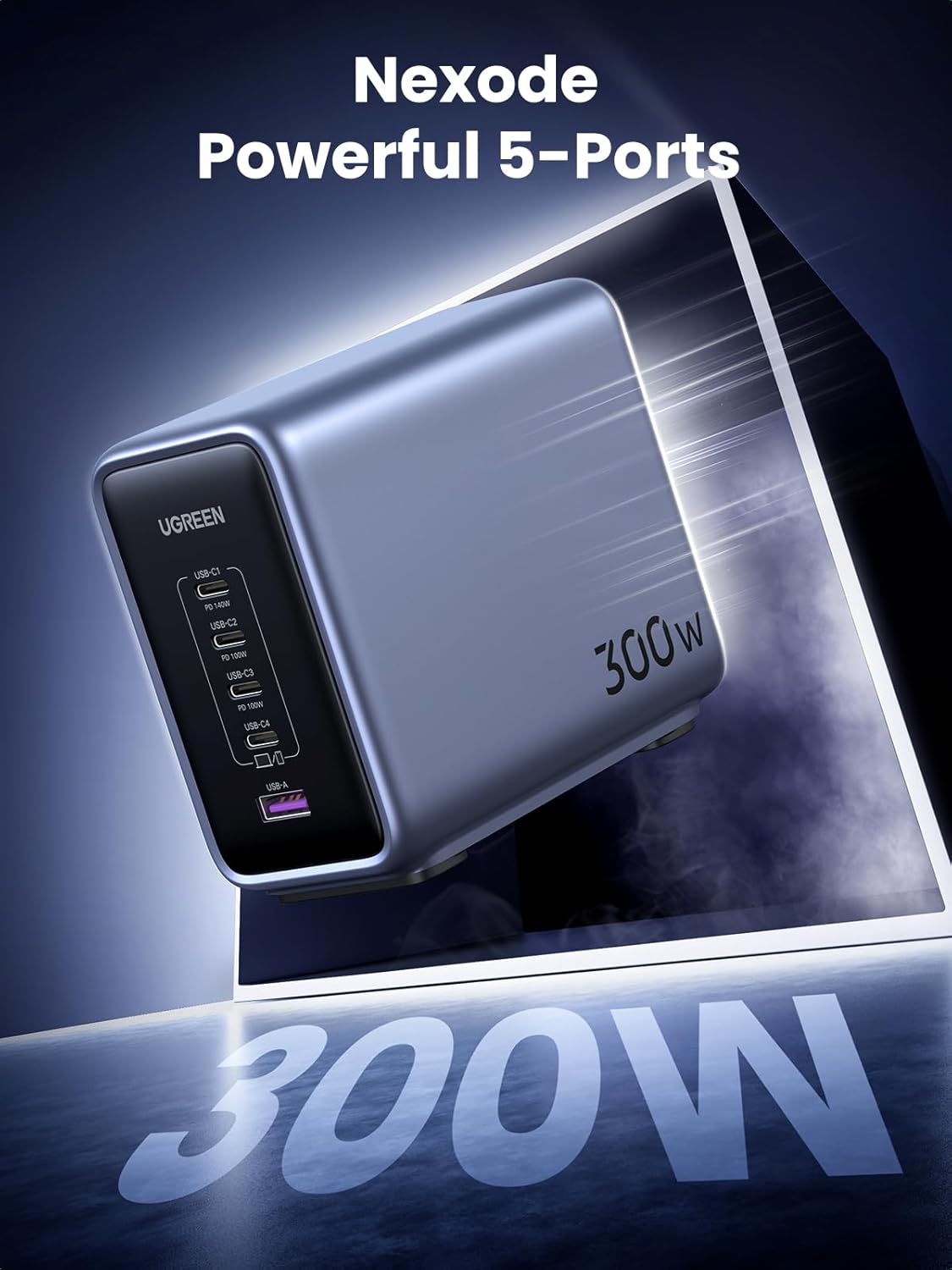 Adaptor priza UGREEN Nexode, 300W GaN, 4x USB-C, 1x USB-A, Gri/Negru