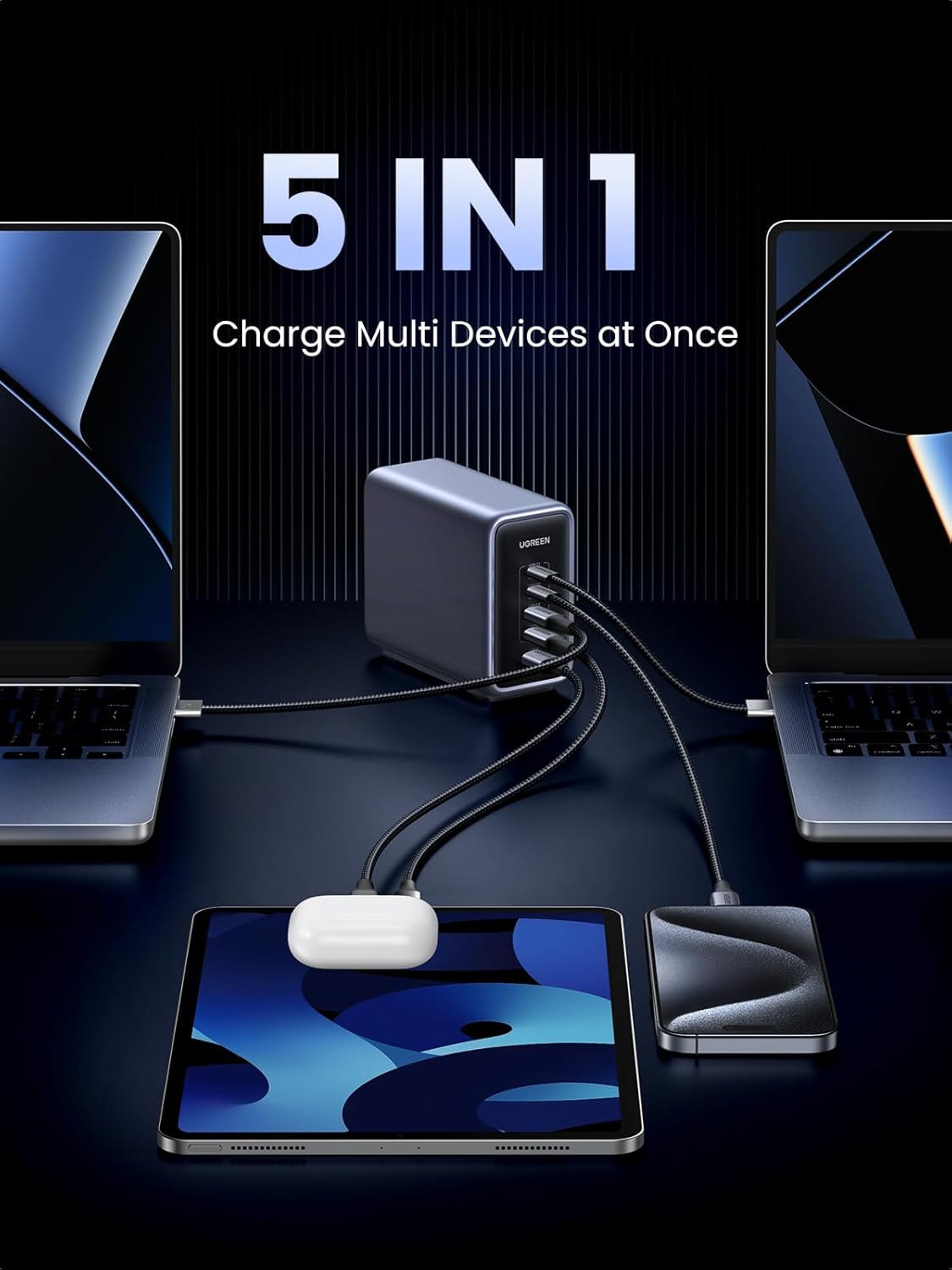 Adaptor priza UGREEN Nexode, 300W GaN, 4x USB-C, 1x USB-A, Gri/Negru