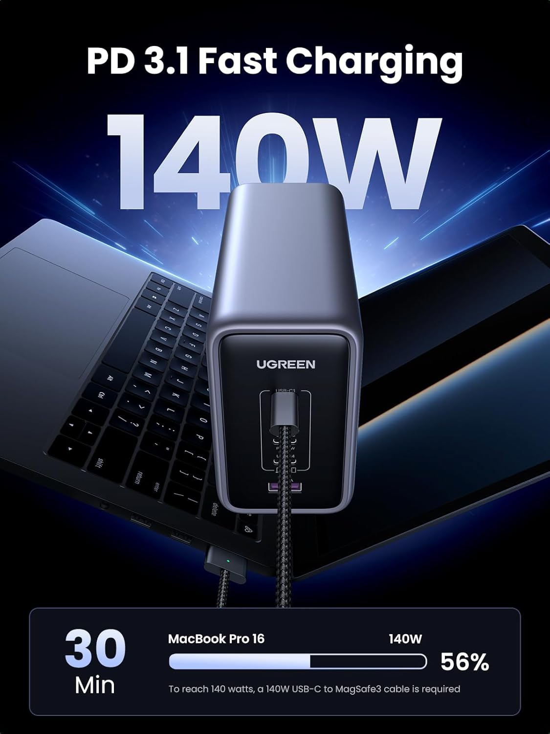 Adaptor priza UGREEN Nexode, 300W GaN, 4x USB-C, 1x USB-A, Gri/Negru