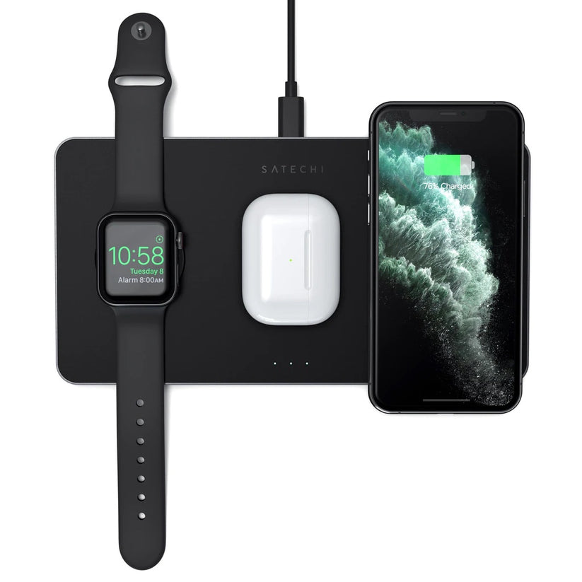 Incarcator Satechi Trio Wireless Charging Pad pentru Apple Watch, Airpods, iPhone, Negru - iSTYLE RO