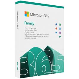Microsoft 365 Family 64-bit, Engleza, Subscriptie 1 an, 6 Utilizatori, Medialess Retail