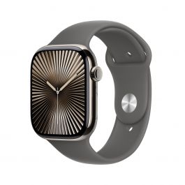 Resigilat: Apple Watch Series 10 GPS + Cellular, 42mm Natural Titanium Case, Stone Grey Sport Band - S/M