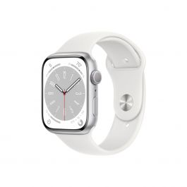 Apple Watch 8 GPS, 45mm Silver Aluminium Case, White Sport Band