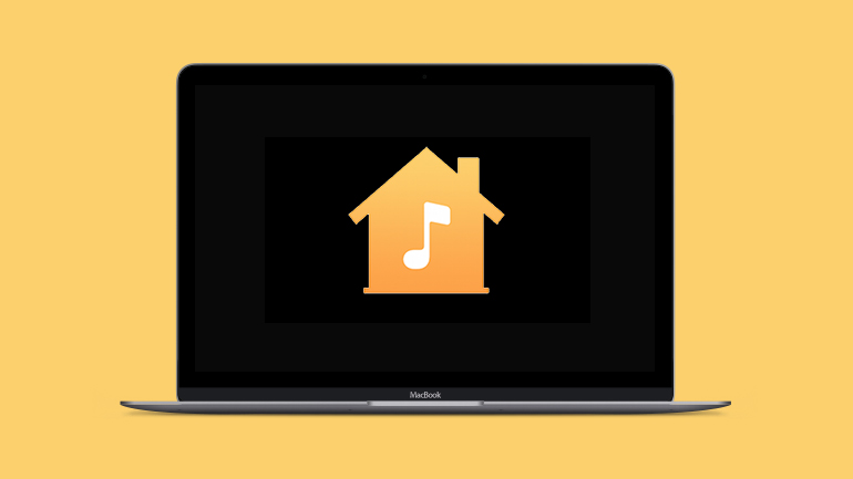 simbol home sharing pe un macbook pe fundal galben
