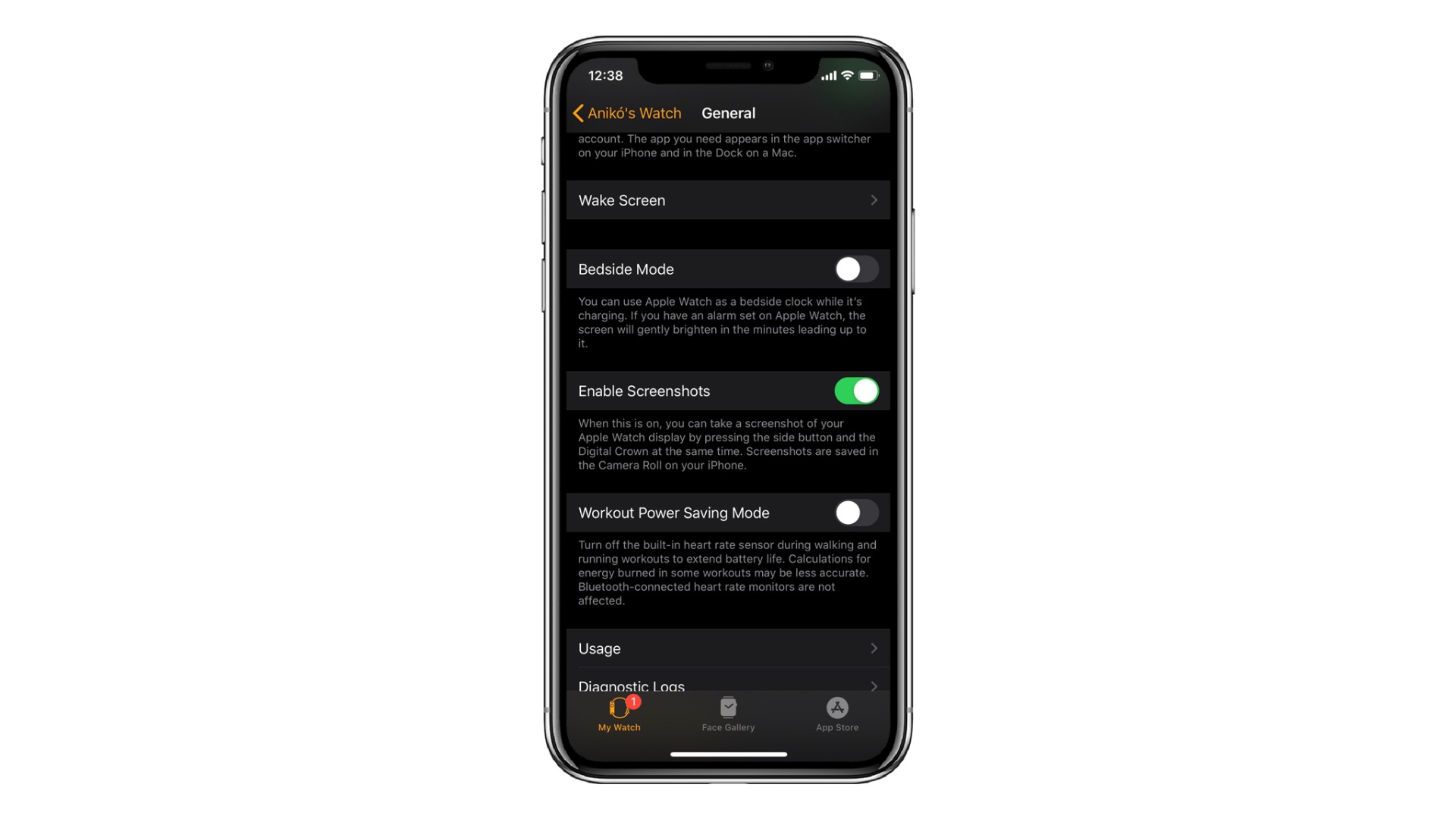 fereastra General apple watch pe iphone
