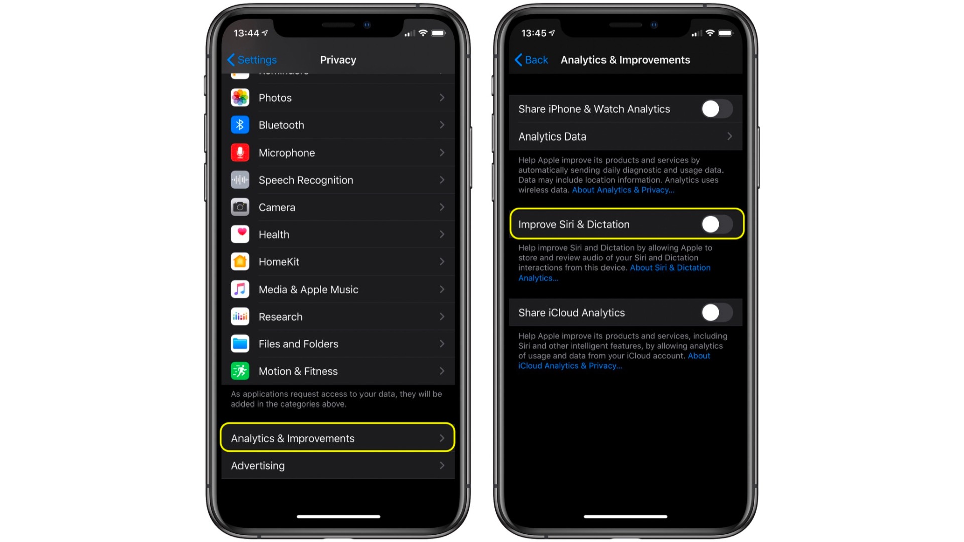 meniu iPhone Improve Siri & Dictation