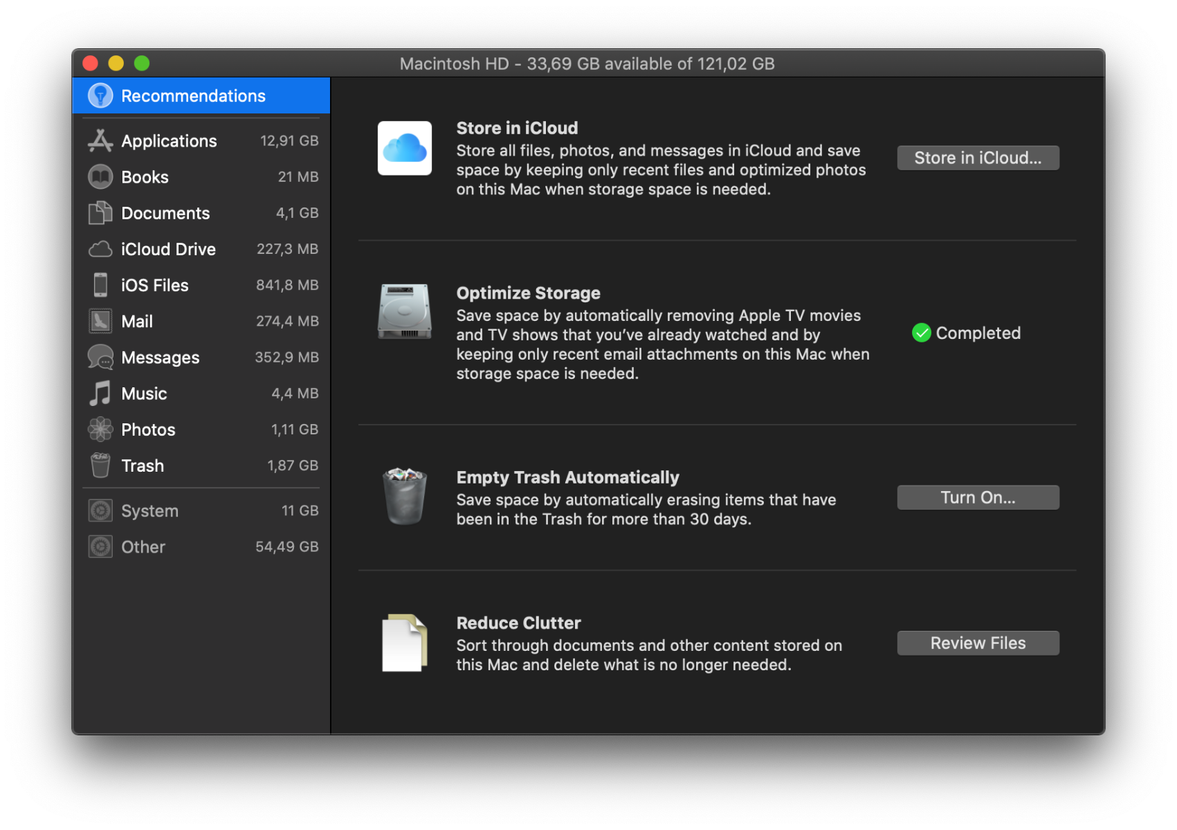 optimized storage completed