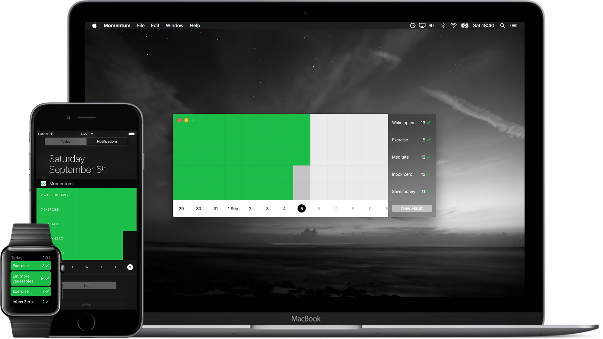 apple watch, iphone si macbook folosind aplicatia momentum habit tracker