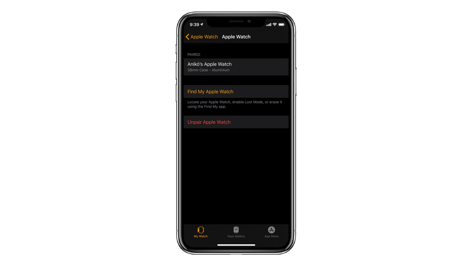 fereastra setari apple watch pe iphone