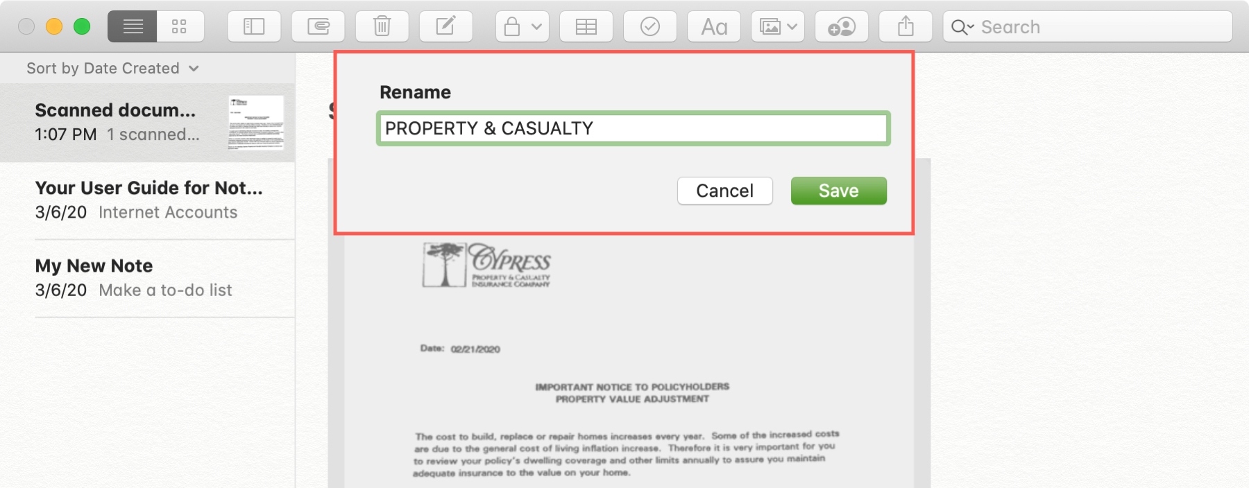 document scanat in notes pe mac